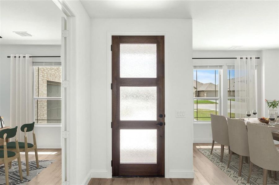 Beautiful Opaque Glass Entry Door lets in wonderful natural light, yet offers privacy.