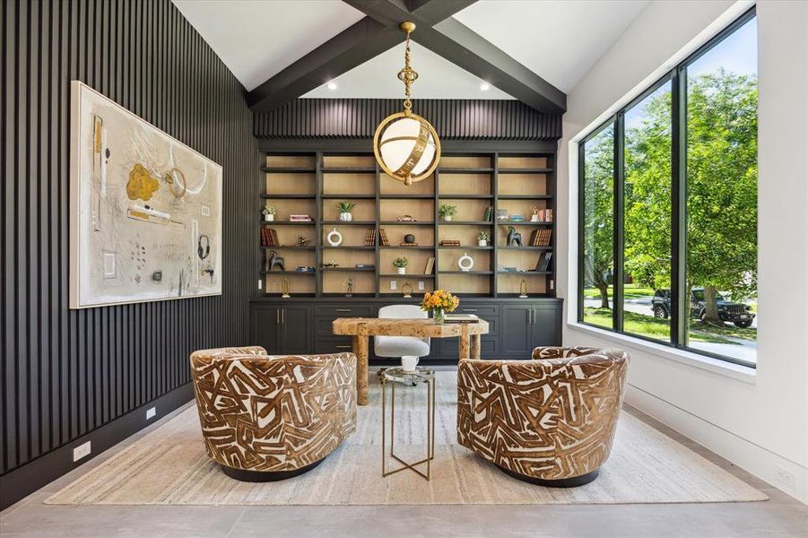 Formal Library with bespoke cabinetry, handsome chandelier  and cross beam ceiling