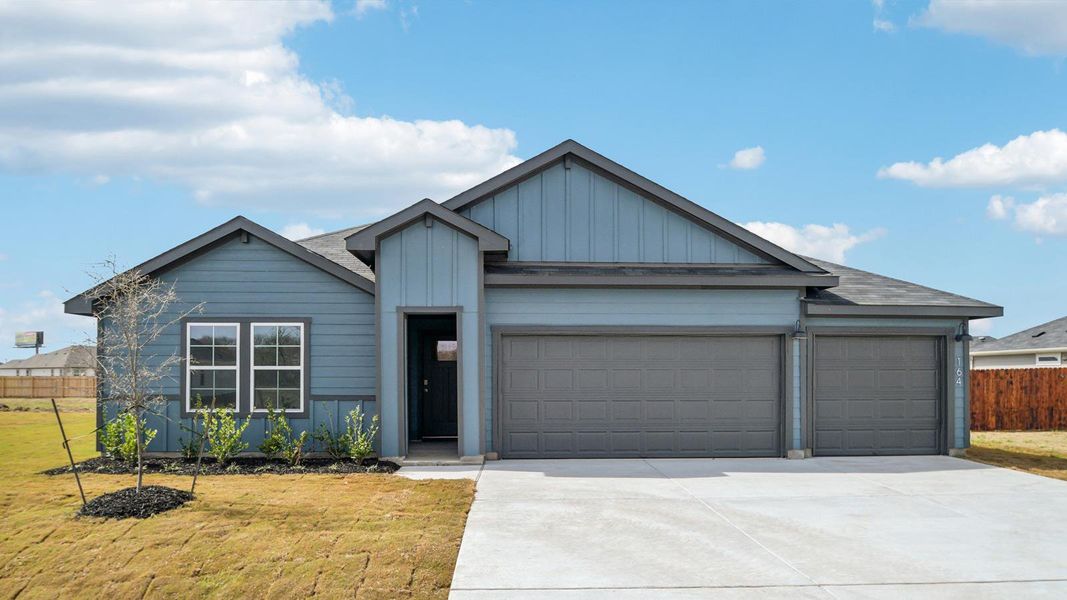 Front exterior of a new home in Railhead, Cedar Creek, TX, highlighting curb appeal (Image 12). Front exterior of a new home in Railhead, Cedar Creek, TX, highlighting curb appeal (Image 12).