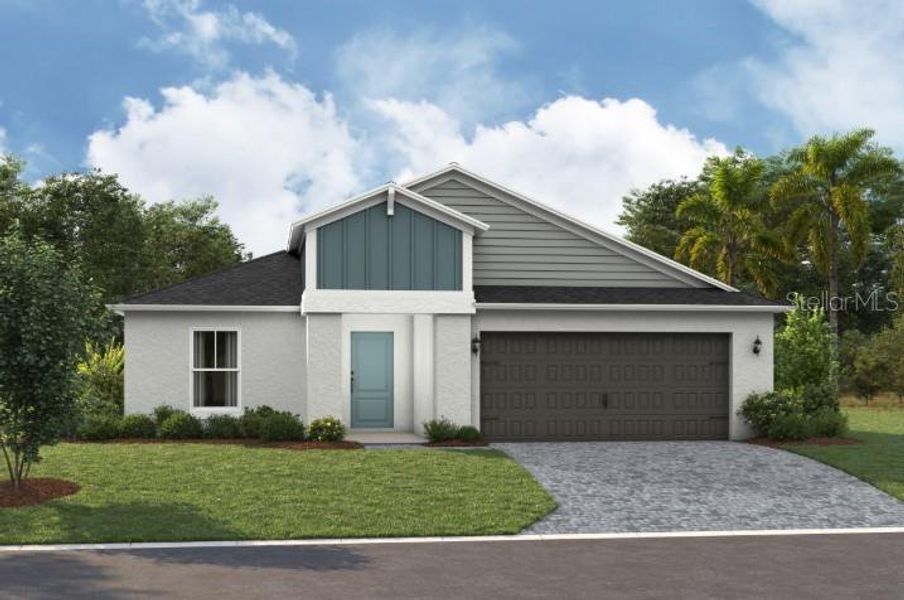 Front exterior of a new home in Pasadena Landing, Wesley Chapel, FL, highlighting curb appeal (Image 1). Front exterior of a new home in Pasadena Landing, Wesley Chapel, FL, highlighting curb appeal (Image 1).