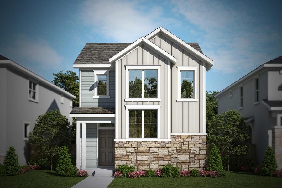 Representative exterior photo of a completed home built from the The Copperleaf by David Weekley Homes in Revel Crossing at Wolf Ranch – The Ascent Collection, Colorado Springs, CO (Image 2).