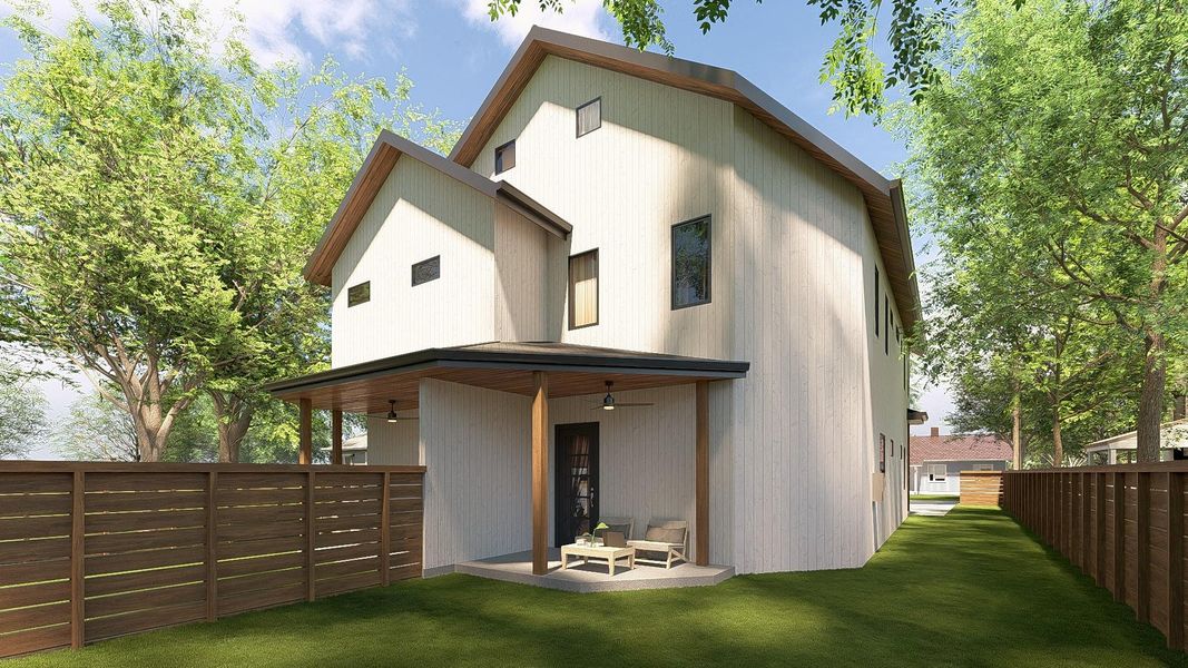 Back of property with a fenced backyard, ceiling fan, and a patio area