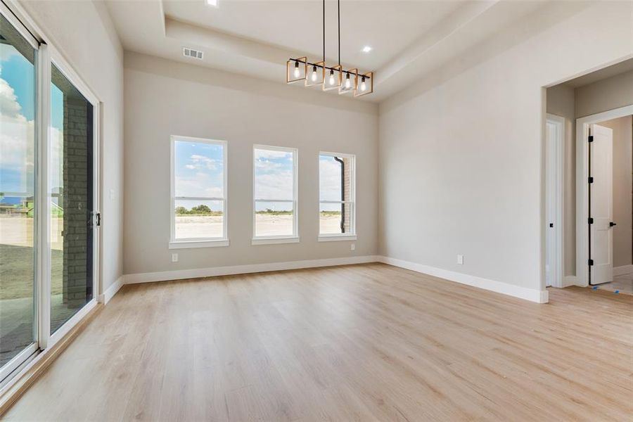 Spare room featuring a raised ceiling, an inviting chandelier, and light hardwood / wood-style floors