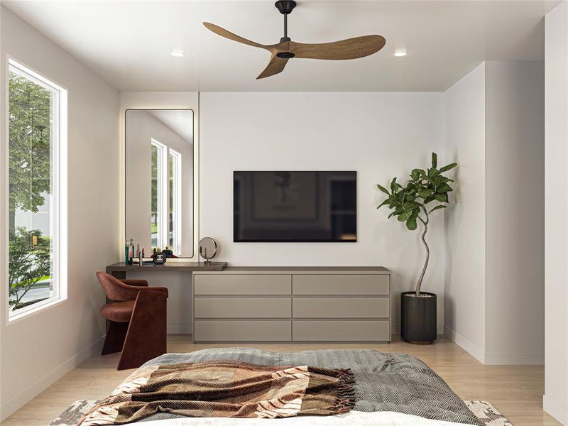 This is a modern and well-lit bedroom featuring a large window, an elegant dresser with a mounted TV above, a cozy chair by a vanity, a ceiling fan, and decorative greenery, creating a serene and stylish space.