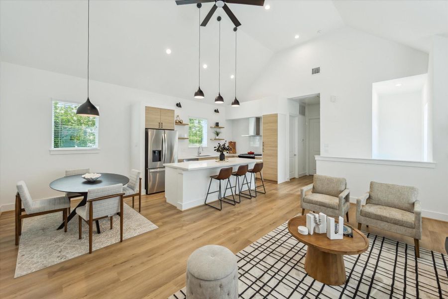 Stunning view of the kitchen and dining space from the living room
