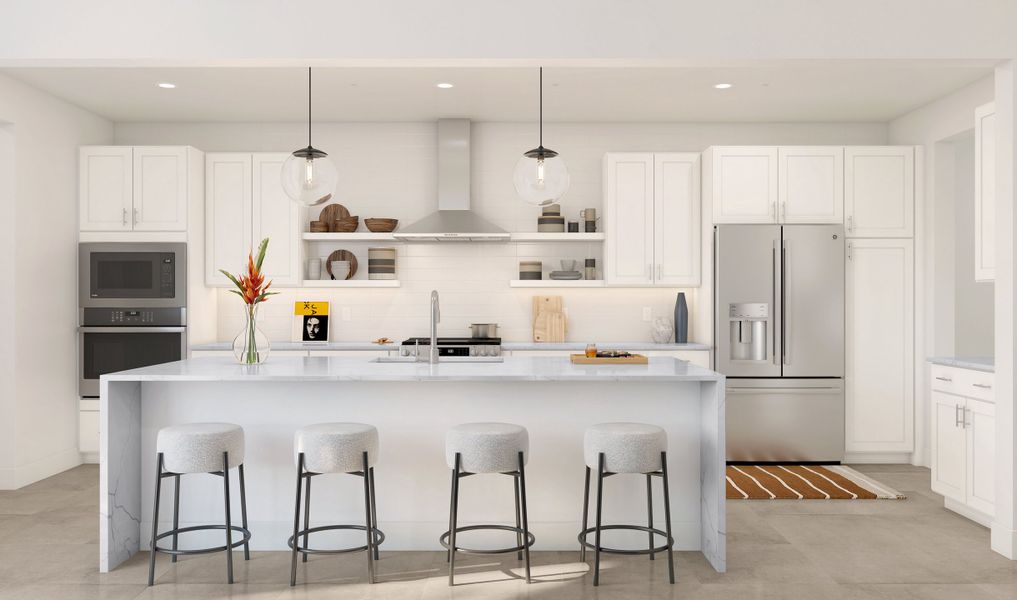 Kitchen with pendant lighting and floating shelves