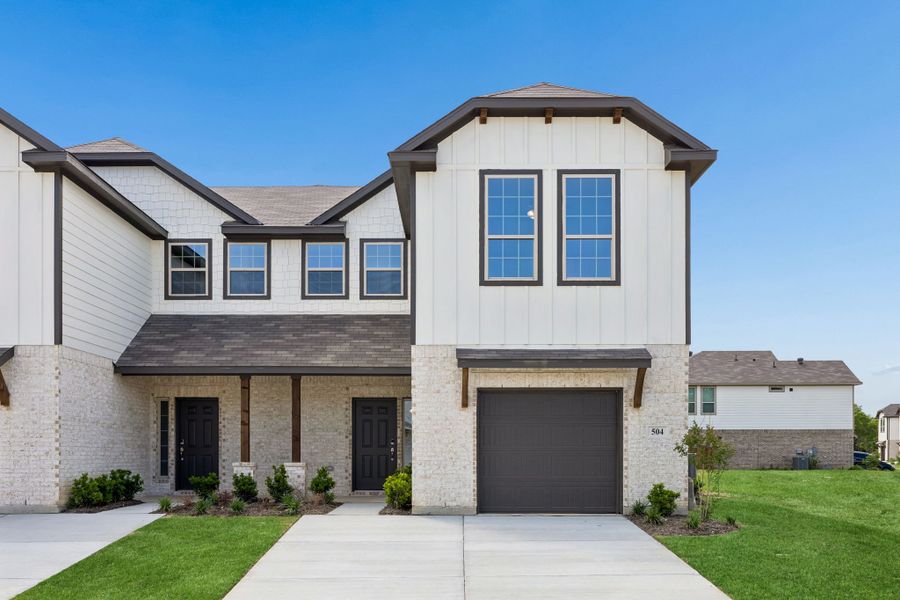 Front exterior of a new home in Eagle Cove, Denton, TX, highlighting curb appeal (Image 1). Front exterior of a new home in Eagle Cove, Denton, TX, highlighting curb appeal (Image 1).