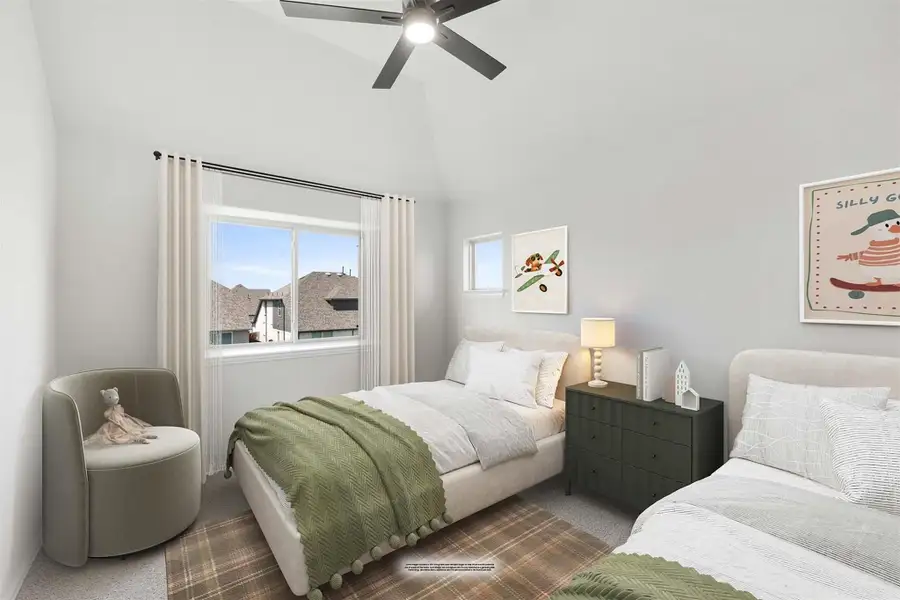 Children's bedroom with vaulted ceiling, ceiling fan, two beds, and dark wood dresser Children's bedroom with vaulted ceiling, ceiling fan, two beds, and dark wood dresser