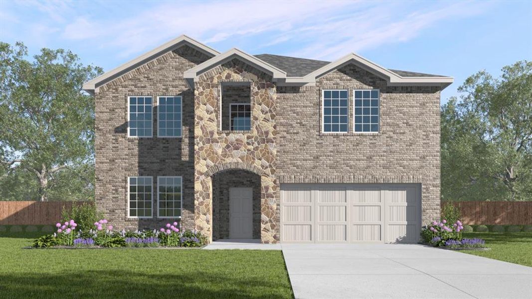 View of front of property with a garage and a front lawn