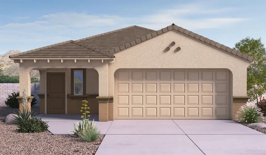 Front exterior of a new home in Saguaro Bloom, Marana, AZ, highlighting curb appeal (Image 1). Front exterior of a new home in Saguaro Bloom, Marana, AZ, highlighting curb appeal (Image 1).