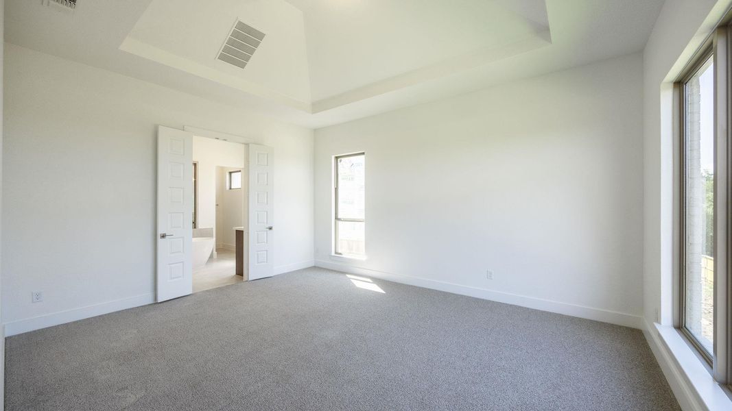 Unfurnished bedroom featuring a tray ceiling, multiple windows, and carpet floors Unfurnished bedroom featuring a tray ceiling, multiple windows, and carpet floors