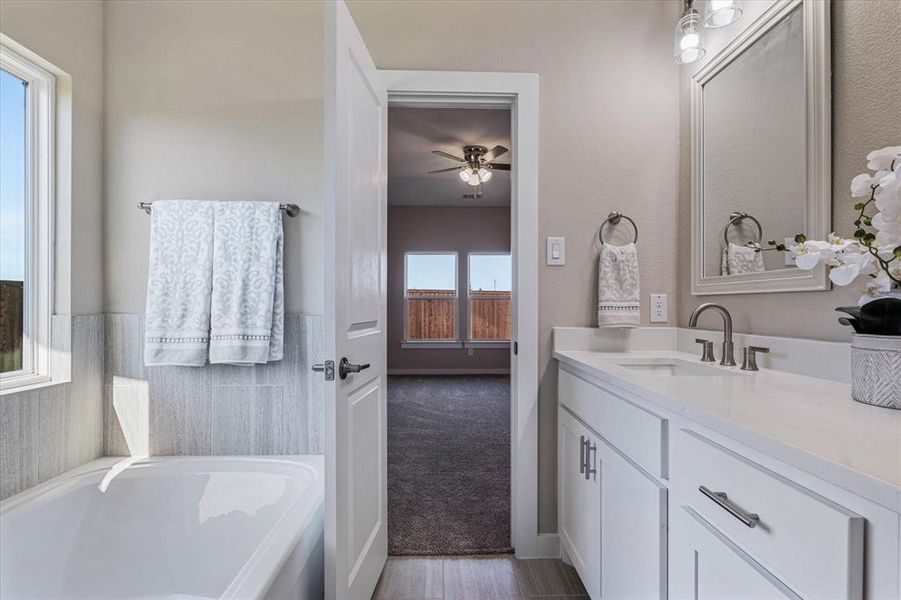 Bathroom featuring vanity, a wealth of natural light, a bathing tub, and ceiling fan Bathroom featuring vanity, a wealth of natural light, a bathing tub, and ceiling fan