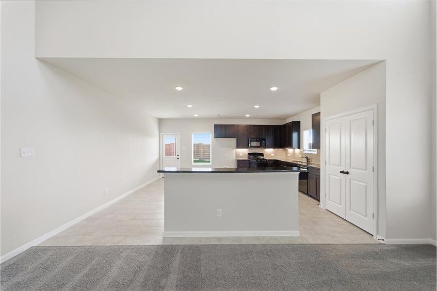 Open-concept living space featuring a kitchen with dark cabinetry, black countertops, and stainless steel appliances Open-concept living space featuring a kitchen with dark cabinetry, black countertops, and stainless steel appliances
