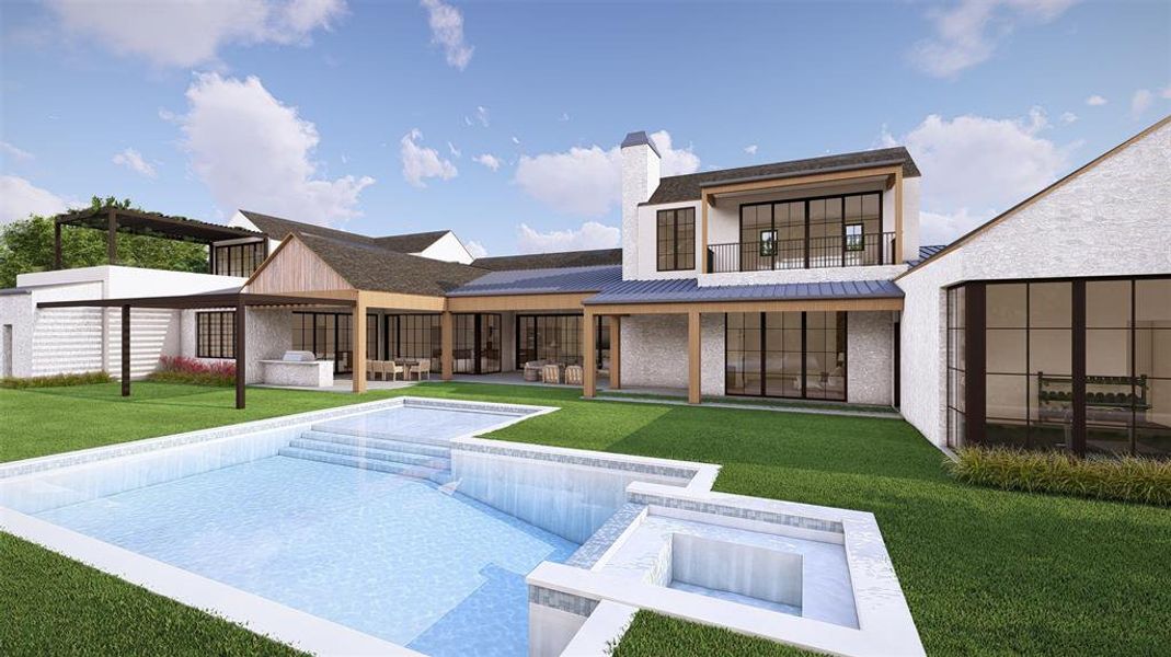 Expansive backyard featuring a multi-level swimming pool with integrated spa, manicured lawn, and covered patio spaces Expansive backyard featuring a multi-level swimming pool with integrated spa, manicured lawn, and covered patio spaces