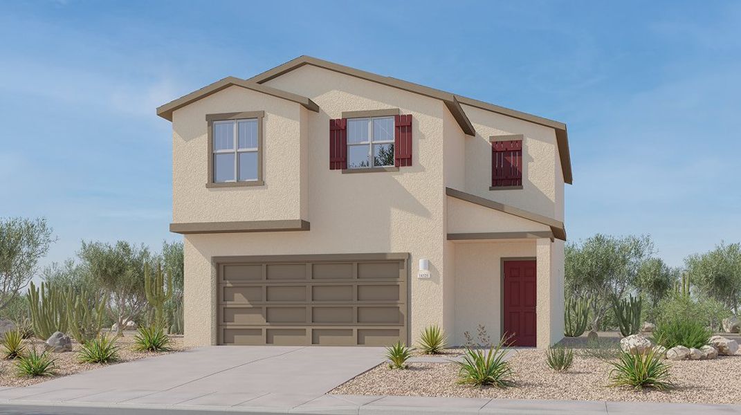 Front exterior of a new home in Rancho Sahuarita: Entrada Del Toro Ironwood Collection, Sahuarita, AZ, highlighting curb appeal (Image 1). Front exterior of a new home in Rancho Sahuarita: Entrada Del Toro Ironwood Collection, Sahuarita, AZ, highlighting curb appeal (Image 1).