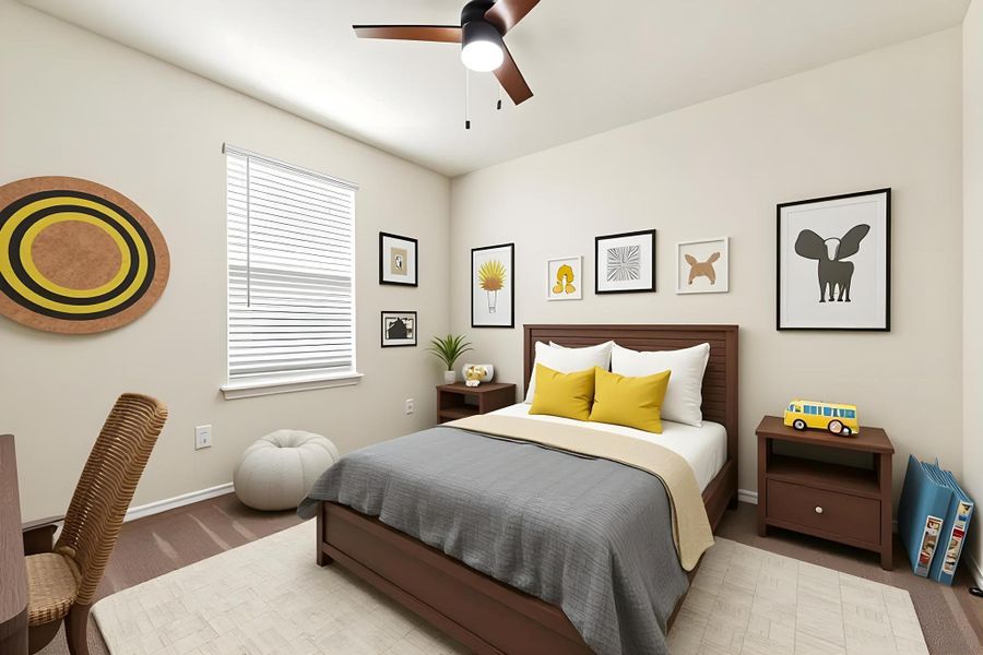 A well-lit bedroom features plush carpeting, a modern ceiling fan, and ample space for restful sleep and personal style. Virtually Staged A well-lit bedroom features plush carpeting, a modern ceiling fan, and ample space for restful sleep and personal style. Virtually Staged