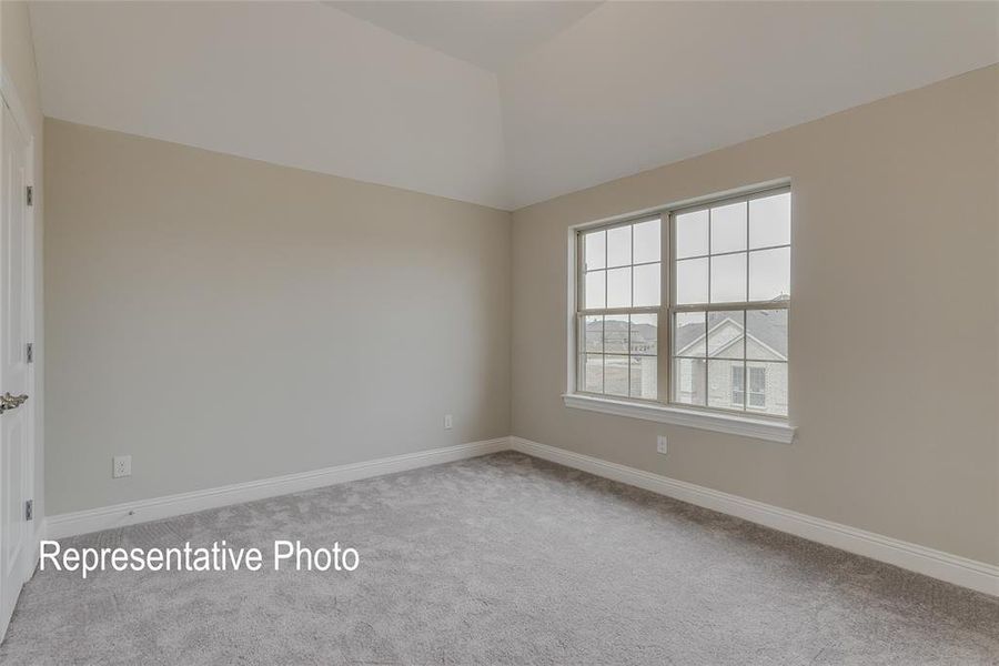 Spare room with a wealth of natural light, carpet flooring, and lofted ceiling