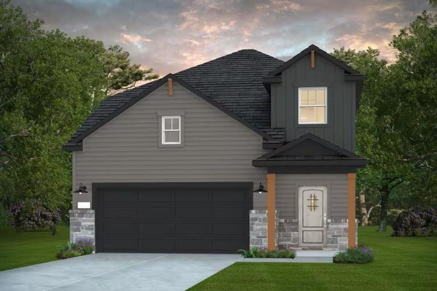 Front exterior of a new home in Ellerden, Tomball, TX, highlighting curb appeal (Image 1).