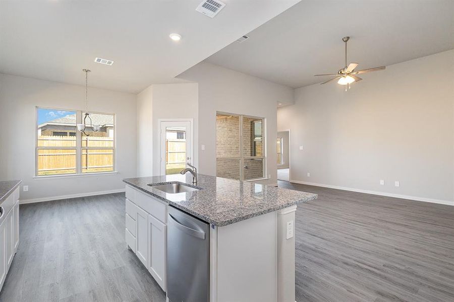 Kitchen featuring white cabinets, wood-type flooring, stainless steel dishwasher, and sink