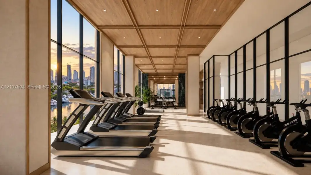 Fitness center featuring floor-to-ceiling windows, wood-paneled coffered ceilings, recessed lighting, and stone-finish flooring Fitness center featuring floor-to-ceiling windows, wood-paneled coffered ceilings, recessed lighting, and stone-finish flooring