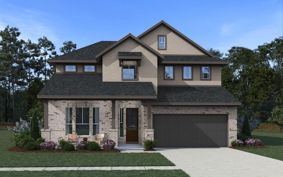 Front exterior of a new home in Elyson, Katy, TX, highlighting curb appeal (Image 21).