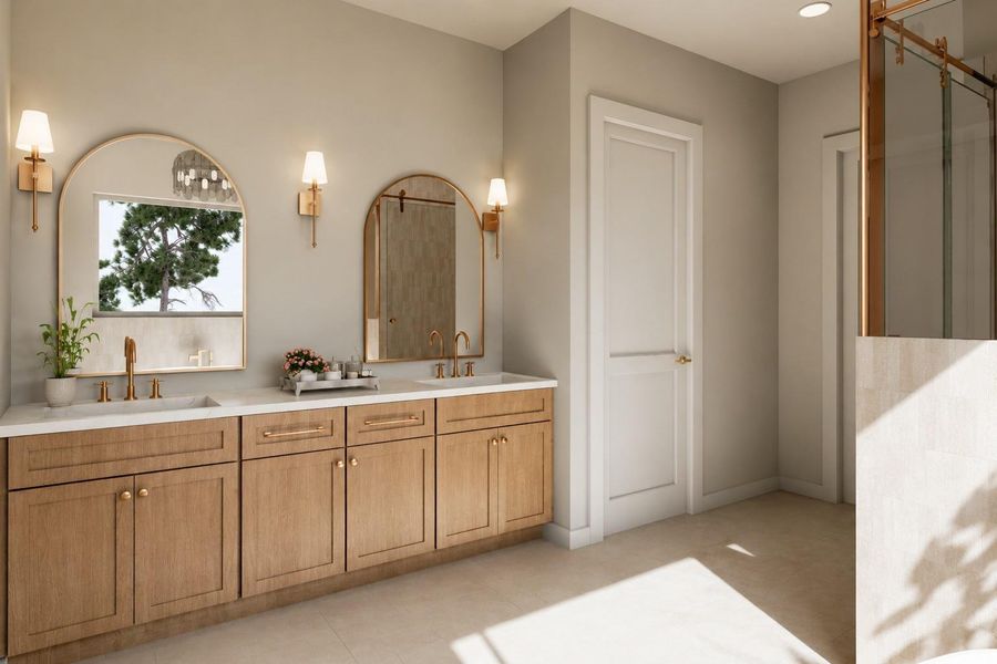 Primary bath is planned with wood grain cabinets.