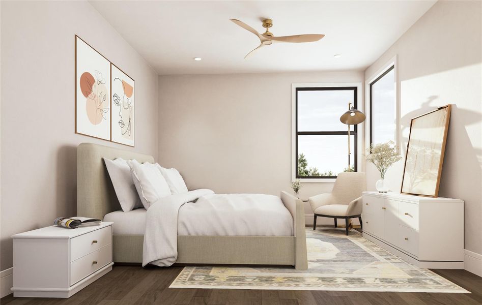 This secondary bedroom layout draws attention with soft-toned walls, expansive windows, and a serene palette. The arrangement hints at a calm, restful retreat with clean-lined furnishings, abstract art, and subtle design details that complement the airy ambiance and highlight potential for personalized comfort.