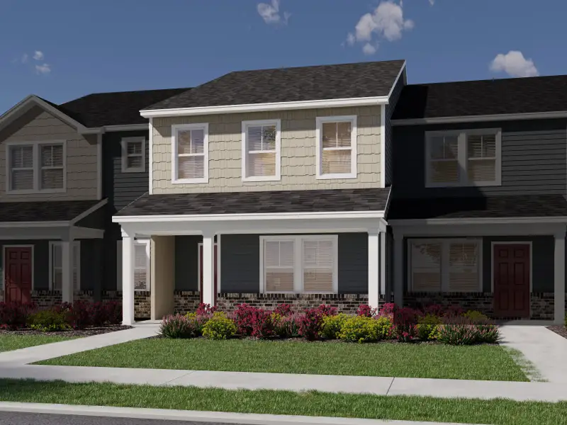 Front exterior of a new home in The Rows at Buffaloe Reserve, Raleigh, NC, highlighting curb appeal (Image 1). Front exterior of a new home in The Rows at Buffaloe Reserve, Raleigh, NC, highlighting curb appeal (Image 1).