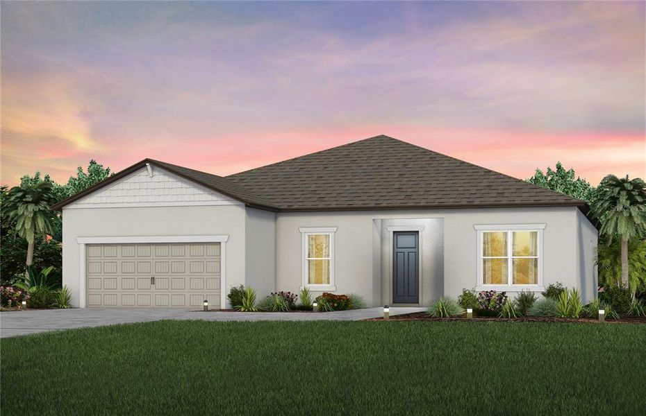 Front exterior of a new home in Del Webb Stone Creek, Ocala, FL, highlighting curb appeal (Image 1).