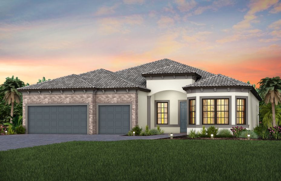 Front exterior of a new home in Talon Preserve on Palmer Ranch, Nokomis, FL, highlighting curb appeal (Image 25).