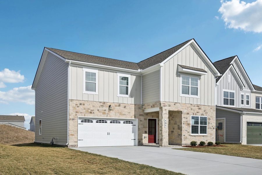Front exterior of a new home in Ascent at Arbor Ridge, La Vergne, TN, highlighting curb appeal (Image 2). Front exterior of a new home in Ascent at Arbor Ridge, La Vergne, TN, highlighting curb appeal (Image 2).