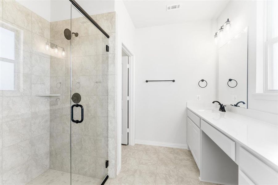 Full bathroom with vanity and a stall shower