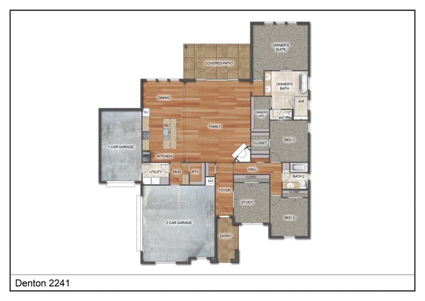2D floor plan layout for the The Denton by Kenmark Homes in Stagecoach Crossing, Bridgeport, TX (Image 3).