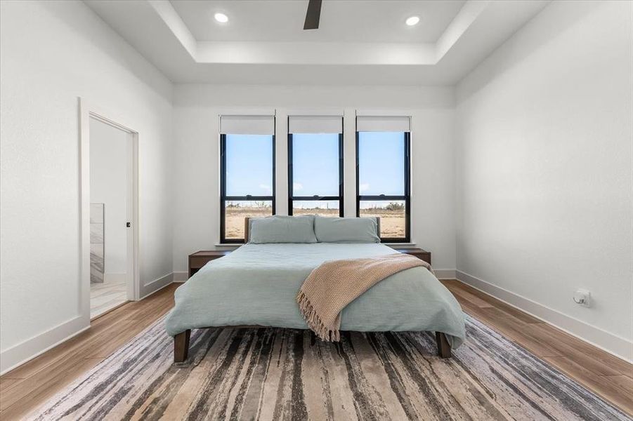 Large primary bedroom with elegant tray ceiling and tri vertical functioning windows.  Enter into ensuite bath to the left.