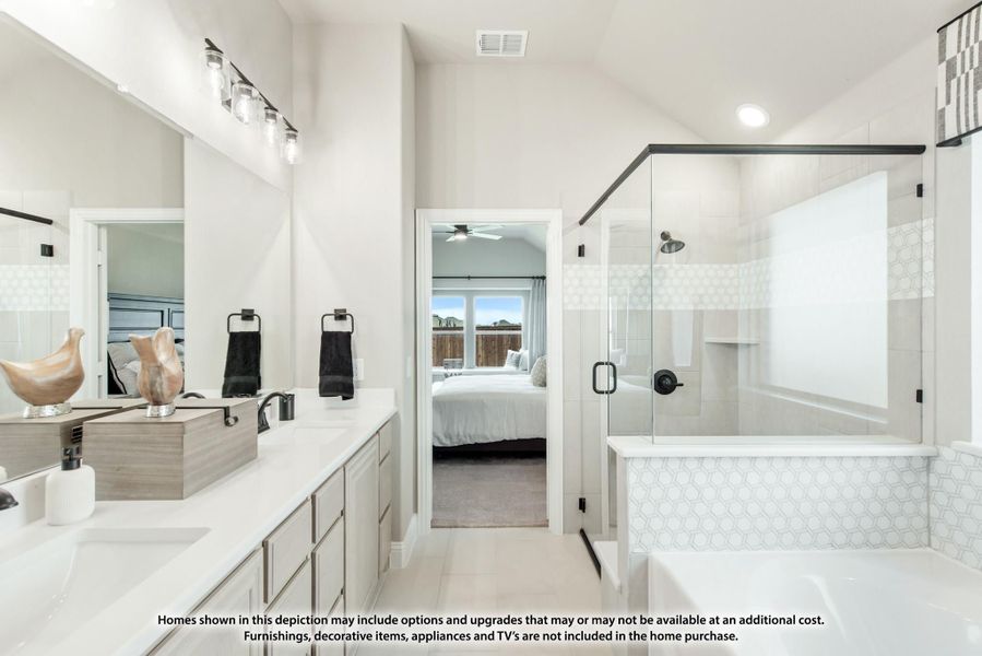 Master bathroom with double vanity, glass walk-in shower, soaking tub, and view into the bedroom. Master bathroom with double vanity, glass walk-in shower, soaking tub, and view into the bedroom.