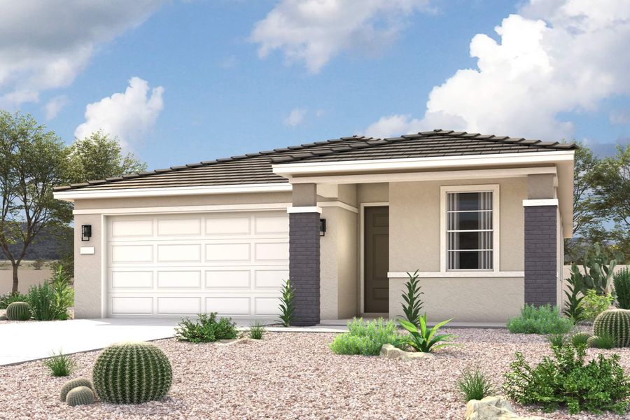 A house with a garage and bushes. A house with a garage and bushes.