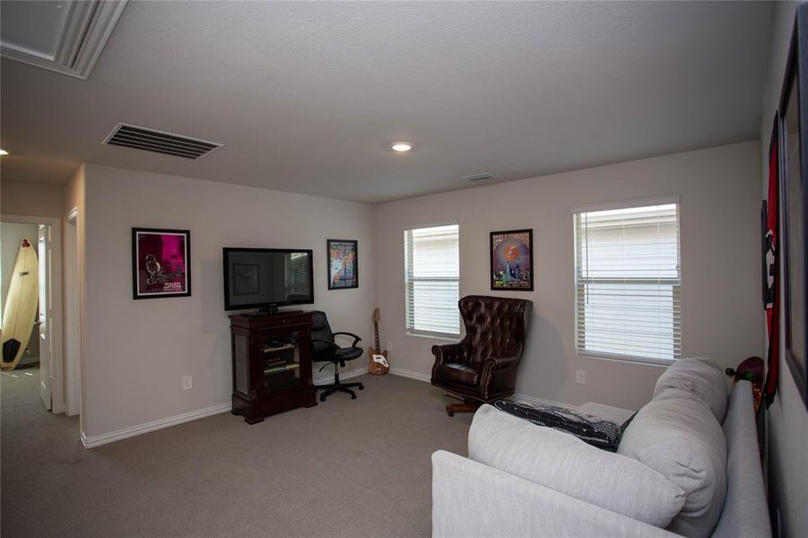 Living area with light colored carpet, visible vents, and baseboards