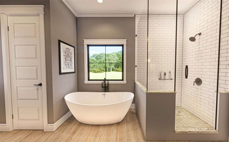 Floor plan accommodates dual sinks soaking tub & custom glass work