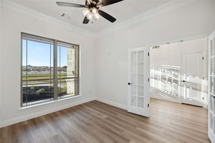 Spare room featuring crown molding, french doors, light hardwood / wood-style flooring, and ceiling fan