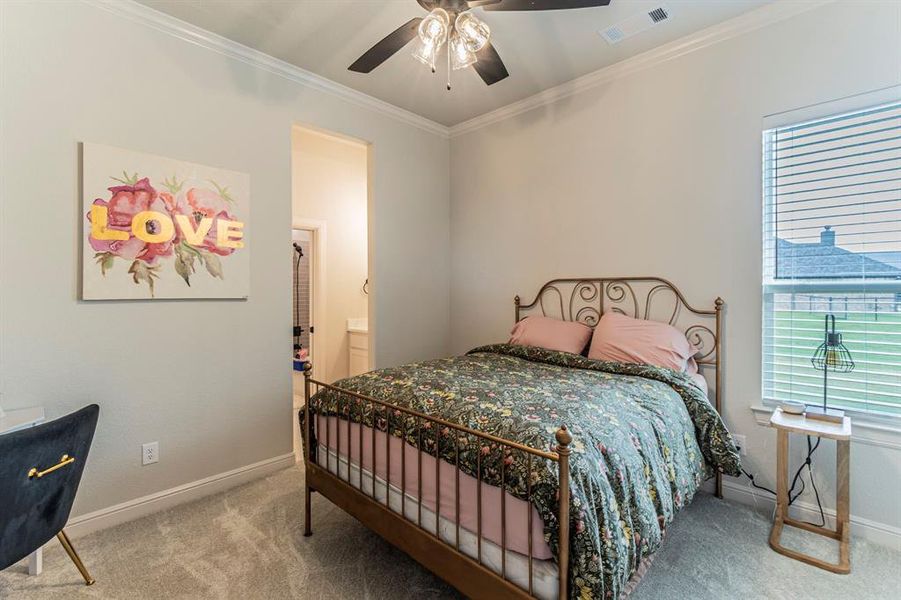 Bedroom featuring crown molding, a ceiling fan, light carpet, and ensuite bathroom Bedroom featuring crown molding, a ceiling fan, light carpet, and ensuite bathroom