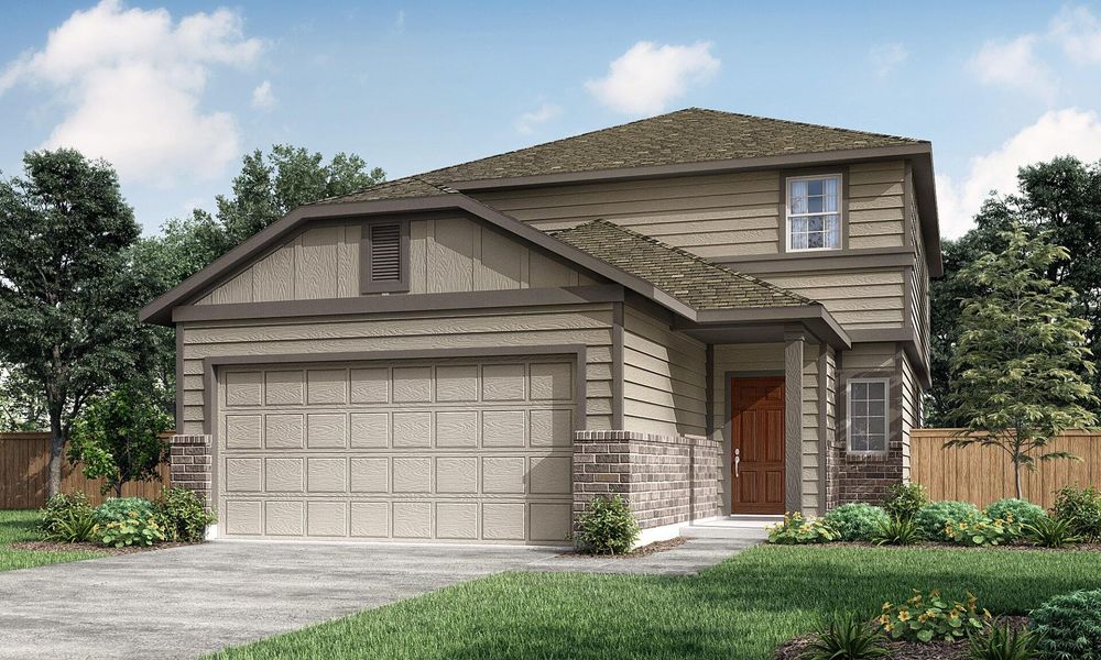 Front exterior of a new home in Village at Manor Commons, Manor, TX, highlighting curb appeal (Image 1).