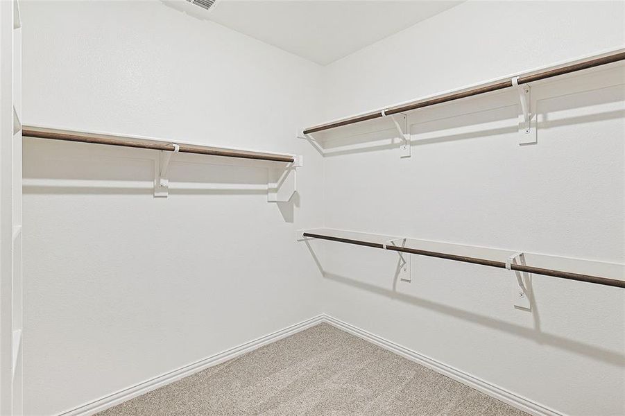Walk in closet featuring light colored carpet