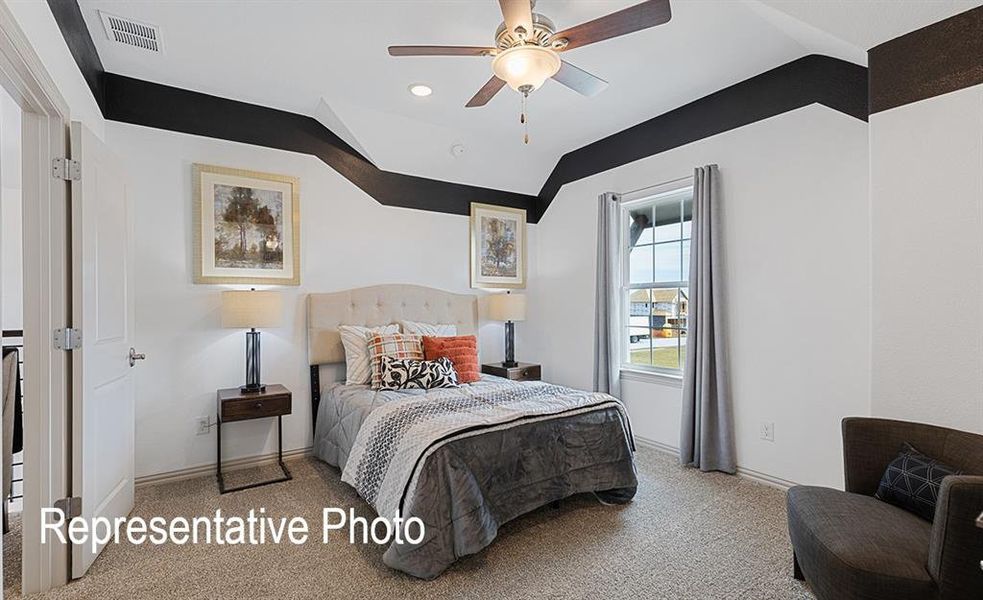 Bedroom featuring textured carpeting, a tray ceiling with a ceiling fan, and a double-pane window