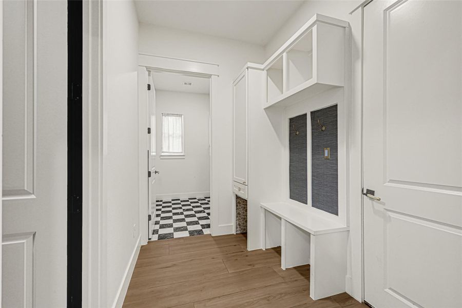 Mud room right by the garage door.