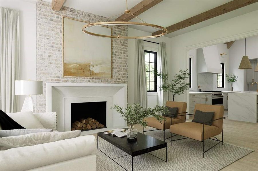 Living area with beamed ceiling, light wood-type flooring, and a fireplace Living area with beamed ceiling, light wood-type flooring, and a fireplace