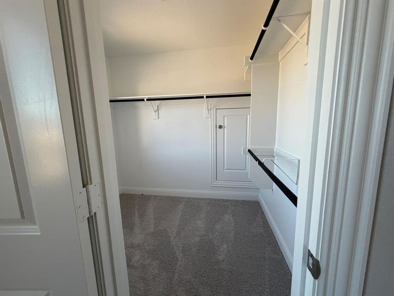 Spacious closet with dark carpet