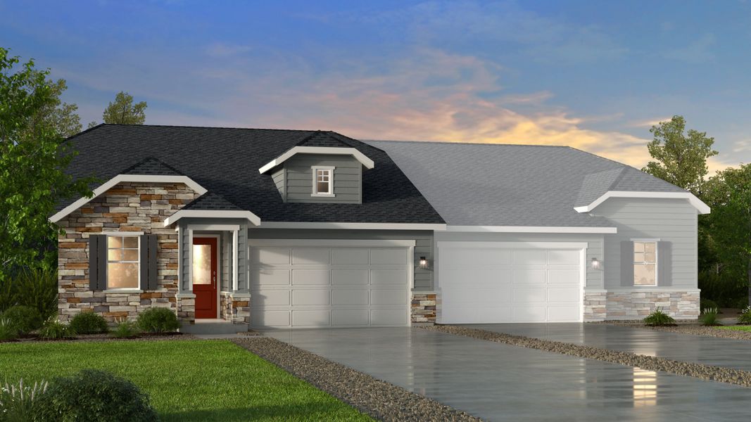 Front exterior of a new home in The Aurora Highlands, Aurora, CO, highlighting curb appeal (Image 1). Front exterior of a new home in The Aurora Highlands, Aurora, CO, highlighting curb appeal (Image 1).