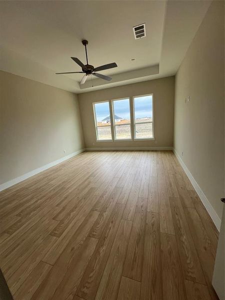 Master room with ceiling fan and light hardwood / wood-style flooring