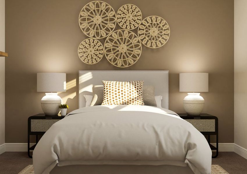 Rendering of a bedroom with a bed and two nightstands. Rendering of a bedroom with a bed and two nightstands.