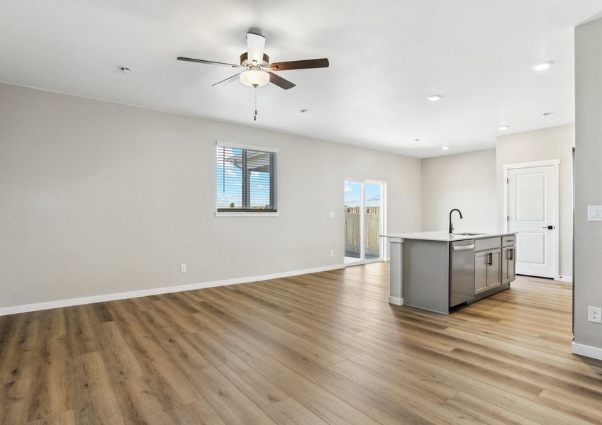 The family and dining room are off of the kitchen.